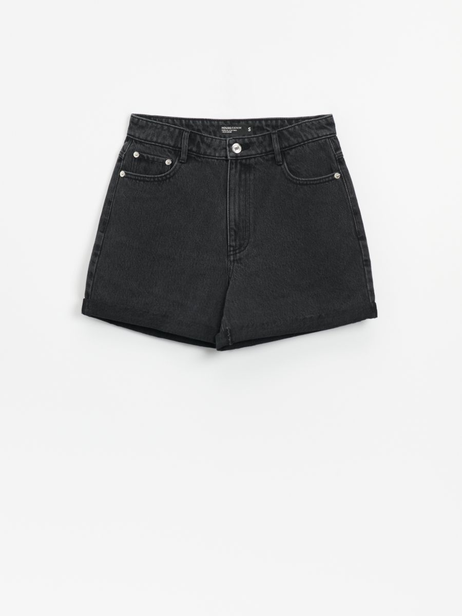 high waisted black denim mom shorts