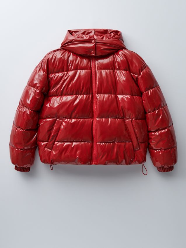 red designer puffer jacket