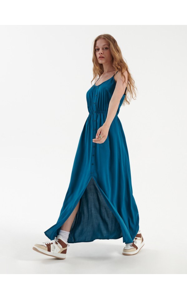 Wiskozowa sukienka z podkreśloną talią i guzikami turkusowa, HOUSE,  2143Q-79X